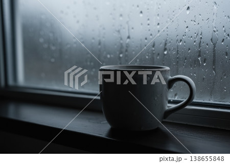 Mug on windowsill with rain-streaked glass and moody low-light atmosphere 138655848