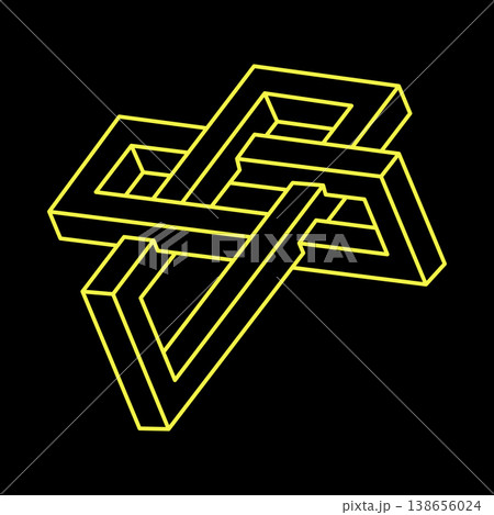 Impossible shapes. Sacred geometry figures. Optical illusion. Abstract eternal geometric object. Impossible endless outline. Line art. Impossible geometry shape on a black background. Optical art. Impossible shapes. Sacred geometry figures. Optical illusion. Abstract eternal geometric object. Impossible endless outline. Line art. Impossible geometry shape on a black background. Optical art. 138656024