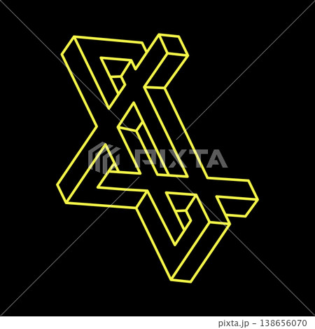 Impossible shapes. Sacred geometry. Optical illusion figure. Abstract eternal geometric objects. Impossible endless outline shapes. Impossible geometry shape on a black background. Optical art. 138656070