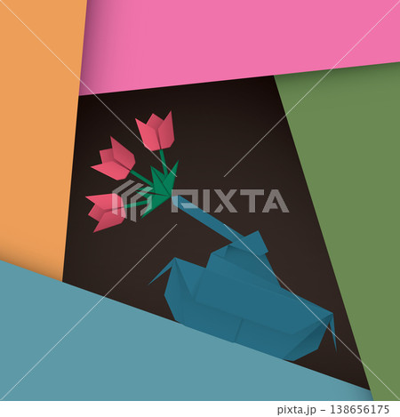 3D origami military Tank have flowers at the muzzles of cannon on colorful square background 3D origami military Tank have flowers at the muzzles of cannon on colorful square background 138656175