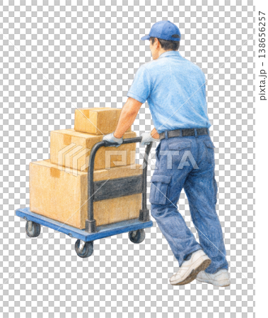Cutout illustration of a moving worker carrying cardboard boxes on a trolley. Cutout illustration of a moving worker carrying cardboard boxes on a trolley. 138656257