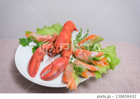 Lobster beer serving Appetizing Boiled Crayfish. Cooking And Traditional Recipes 138656432