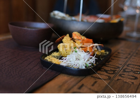 Delicious seafood pasta spaghetti with shrimps dish garnished with lemon and parsley  138656494