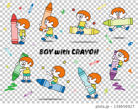 一組可愛的兒童玩蠟筆的插畫（男孩） 138656927