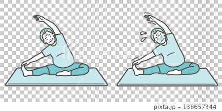 A set of comparative illustrations showing a slightly overweight senior man performing a side stretch. A set of comparative illustrations showing a slightly overweight senior man performing a side stretch. 138657344