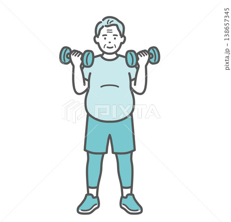 笑顔でダンベルトレーニングをするぽっちゃり体型のシニア男性のイラスト 138657345