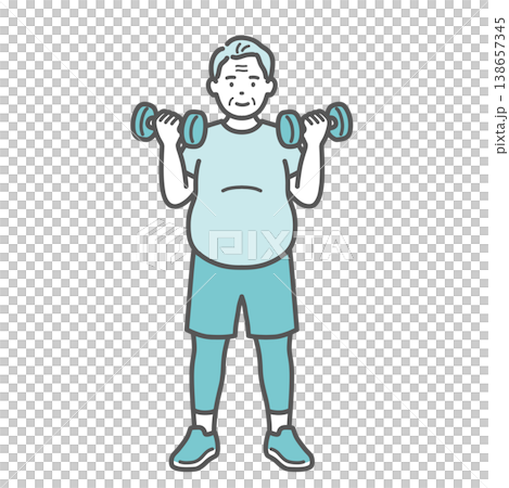 笑顔でダンベルトレーニングをするぽっちゃり体型のシニア男性のイラスト 138657345