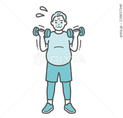 辛そうにダンベルトレーニングをするぽっちゃり体型のシニア男性のイラスト 辛そうにダンベルトレーニングをするぽっちゃり体型のシニア男性のイラスト 138657346