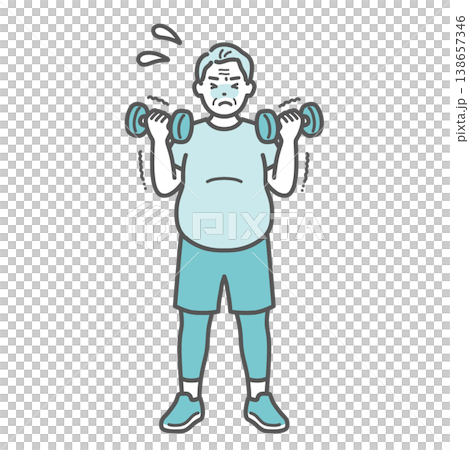 辛そうにダンベルトレーニングをするぽっちゃり体型のシニア男性のイラスト 辛そうにダンベルトレーニングをするぽっちゃり体型のシニア男性のイラスト 138657346