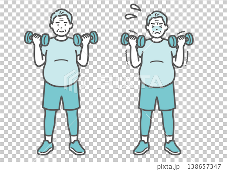 ダンベルトレーニングをするぽっちゃり体型のシニア男性の比較セットイラスト ダンベルトレーニングをするぽっちゃり体型のシニア男性の比較セットイラスト 138657347