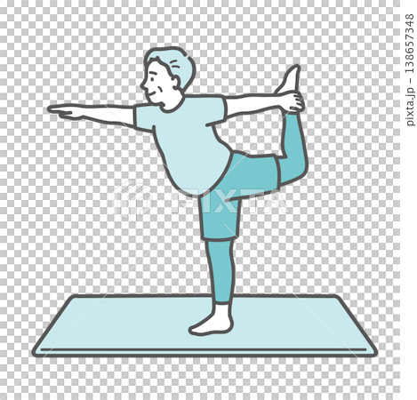 An illustration of a chubby senior man smiling and striking a yoga dancer pose. 138657348