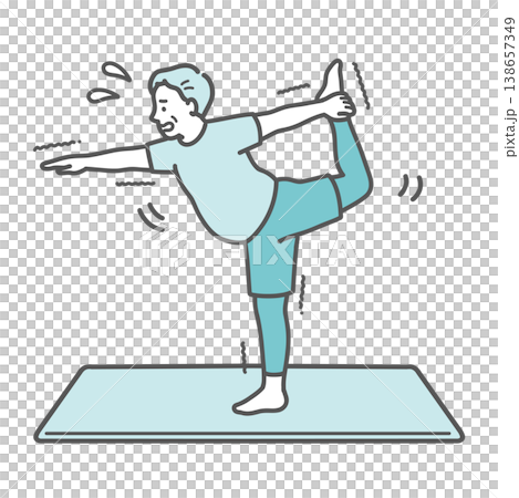 フラフラと苦戦しながらダンサーのポーズをするぽっちゃり体型のシニア男性のイラスト フラフラと苦戦しながらダンサーのポーズをするぽっちゃり体型のシニア男性のイラスト 138657349