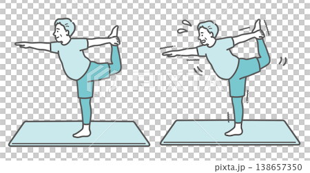 A set of comparative illustrations of a chubby senior man performing yoga dancer poses. A set of comparative illustrations of a chubby senior man performing yoga dancer poses. 138657350