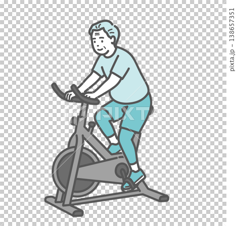 An illustration of a slightly overweight senior man smiling while riding a fitness bike. An illustration of a slightly overweight senior man smiling while riding a fitness bike. 138657351