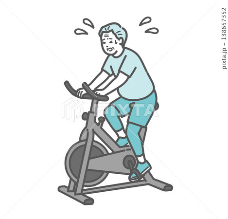 汗だくで辛そうにフィットネスバイクを漕ぐぽっちゃり体型のシニア男性のイラスト 138657352