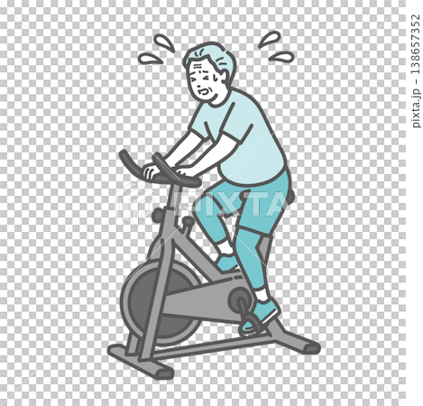 一幅插圖，描繪了一位身材矮胖的老先生在騎健身自行車時吃力地蹬著，汗流浹背。 138657352