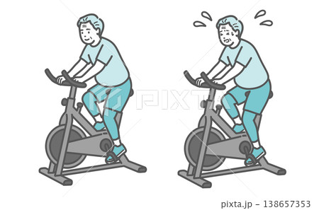 フィットネスバイクを漕ぐぽっちゃり体型のシニア男性の比較セットイラスト 138657353