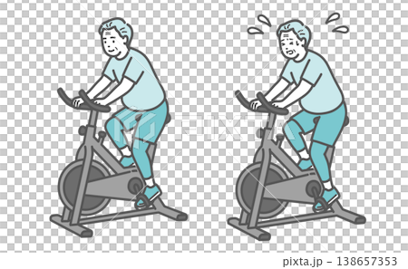 一組對比插圖，描繪了一位略微超重的老年男子騎健身自行車的情景。 138657353