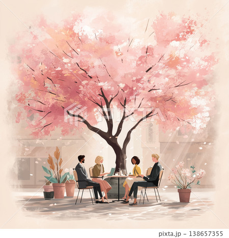 桜の木の下で会話する人々 公園 春 イラスト 138657355