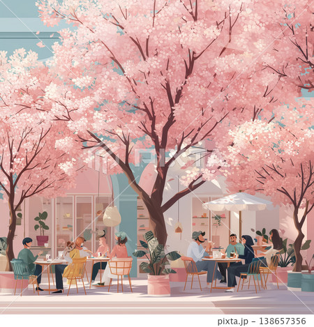 桜の木の下で会話する人々 公園 春 イラスト 138657356