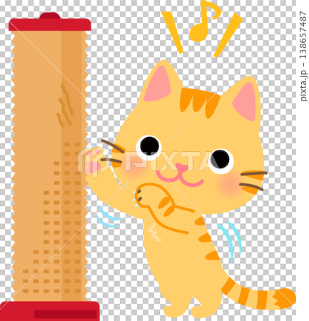 一隻虎斑貓正在柱狀貓抓柱上磨爪子。 138657487