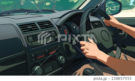 ドライブを楽しむ車内視点を描いた臨場感あふれるイラスト、ハンドル操作や計器の描写がリアルで趣味 138657553