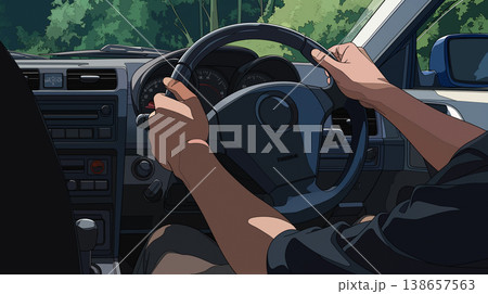 ドライブを楽しむ車内視点を描いた臨場感あふれるイラスト、ハンドル操作や計器の描写がリアルで趣味 138657563