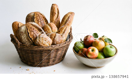 Assortment of freshly baked bread and seasonal fruits with still life baguette sourdough ingredients delicious appetizing wholesome nutritious breakfast refreshment selection composition Assortment of freshly baked bread and seasonal fruits with still life baguette sourdough ingredients delicious appetizing wholesome nutritious breakfast refreshment selection composition 138657941