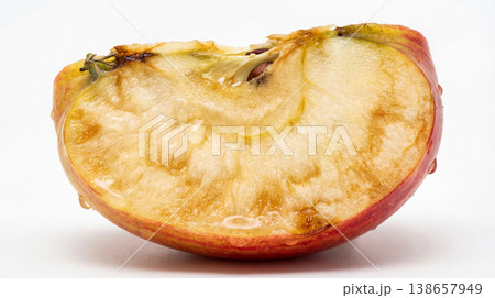 Rotten apple slice with mold and decay unhealthy disgusting foodstuff decaying decomposition bacterial diseased unappetizing discarded inedible negative background isolated nutrition Rotten apple slice with mold and decay unhealthy disgusting foodstuff decaying decomposition bacterial diseased unappetizing discarded inedible negative background isolated nutrition 138657949