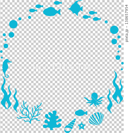 夏の海の生き物 円形フレーム シルエット イラスト素材 水色 魚 貝殻 サンゴ 138657954