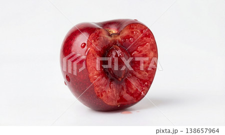 Close-up of a halved red cherry showing juicy interior with food photography ingredient vitamins antioxidants close-up isolated background delicious appetizing refreshing nutrition 138657964