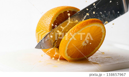 Knife slicing through a fresh orange releasing juice vitamin c cutting board splashing vitamin c refreshing beverage ingredient movement droplets background nutrition Knife slicing through a fresh orange releasing juice vitamin c cutting board splashing vitamin c refreshing beverage ingredient movement droplets background nutrition 138657967