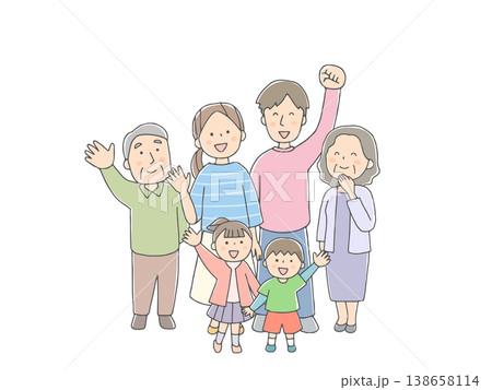 笑顔で見上げる三世代家族　仲良しファミリーイラスト 138658114