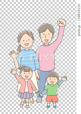 一家人抬頭仰望，臉上洋溢著笑容──一幅溫馨的家庭插畫 138658120