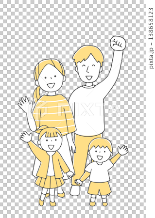 一家人抬頭仰望，臉上洋溢著笑容──一幅溫馨的家庭插畫（單色） 138658123