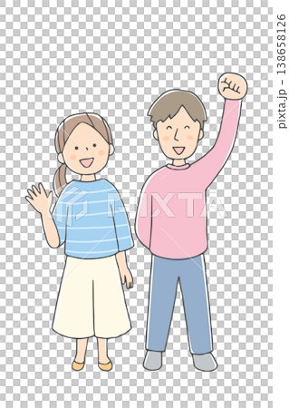 笑顔で手を振る若い夫婦 138658126