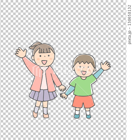 笑顔で見上げて手を振る男の子と女の子 138658132