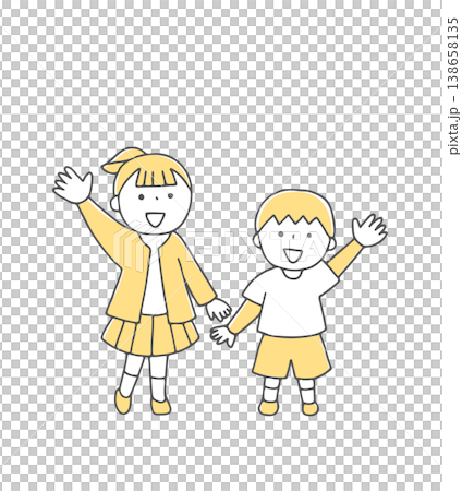 笑顔で見上げて手を振る男の子と女の子単色 138658135