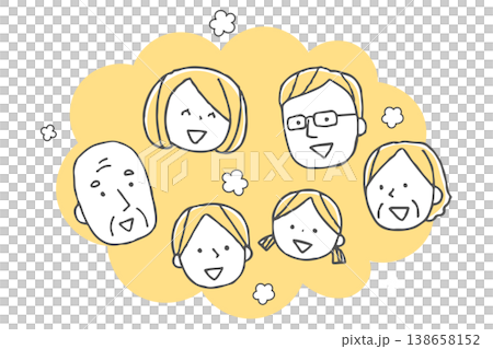 A monochrome icon of a smiling three-generation family. A monochrome icon of a smiling three-generation family. 138658152