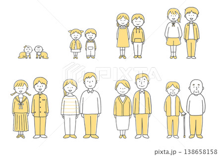 赤ちゃんから高齢者までの人物の年代別一覧男女セット単色 赤ちゃんから高齢者までの人物の年代別一覧男女セット単色 138658158