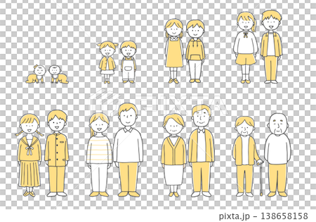 赤ちゃんから高齢者までの人物の年代別一覧男女セット単色 赤ちゃんから高齢者までの人物の年代別一覧男女セット単色 138658158
