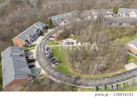Top view of a suburban cul-de-sac with trees Top view of a suburban cul-de-sac with trees 138658191