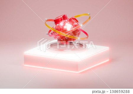 Abstract red crystal sculpture on glowing white podium stage 138659288