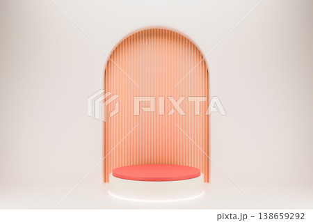 Minimalist pink arch wall with red podium for product display Minimalist pink arch wall with red podium for product display 138659292