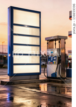 Gas station price board and fuel pump under dusky sky with wet reflections 138659396