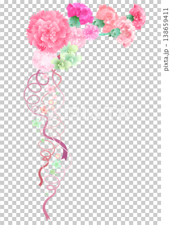 A vibrant carnation corner decoration in pink with a pink ribbon. A vibrant carnation corner decoration in pink with a pink ribbon. 138659411