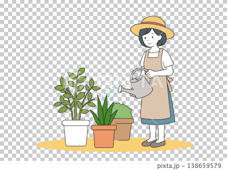 一幅描繪一位女士在夏季用澆水壺給室內植物澆水的插圖(園藝向量圖)。 一幅描繪一位女士在夏季用澆水壺給室內植物澆水的插圖(園藝向量圖)。 138659579
