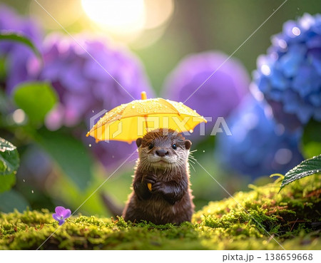 黄色い傘をさすかわうその赤ちゃん 138659668
