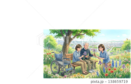 高齢者と家族のふれあい 春の公園で花を楽しむ介護イメージイラスト 138659719