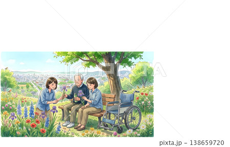 高齢者と家族のふれあい 春の公園で花を楽しむ介護イメージイラスト 138659720